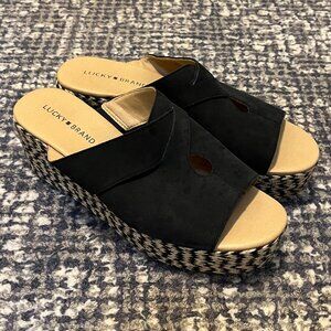 Lucky Brand Women's Sz 10 Genzy Black Leather Slip-On Espadrille Wedge Sandal